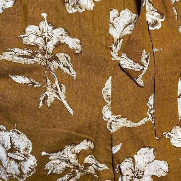 ZARA Paper Bag Waist Floral Pants Medium Tie Mustard Yellow Linen Straight - Picture 11 of 14